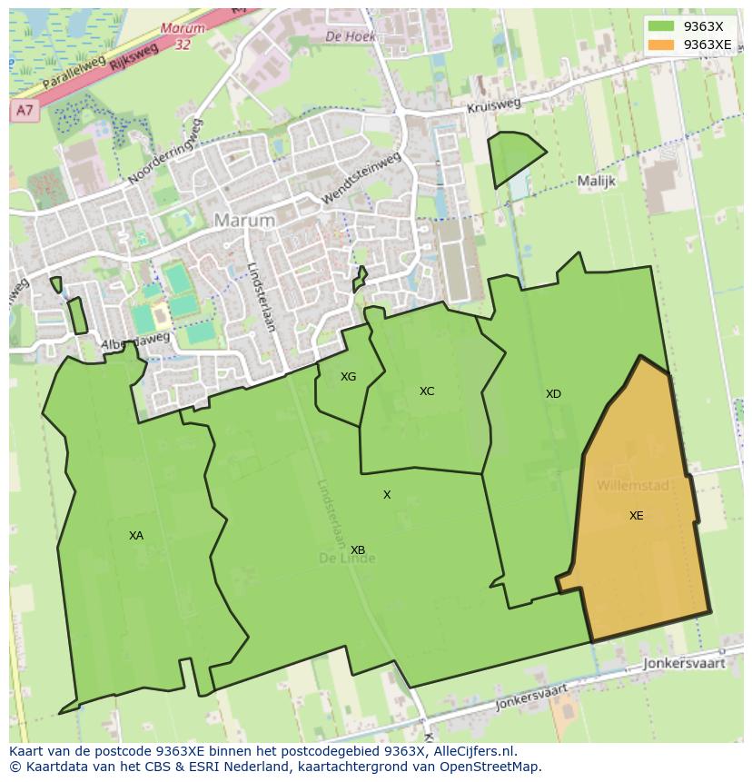 Afbeelding van het postcodegebied 9363 XE op de kaart.