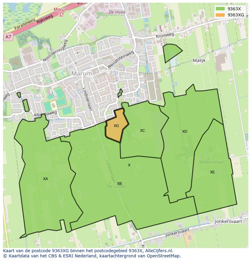 Afbeelding van het postcodegebied 9363 XG op de kaart.