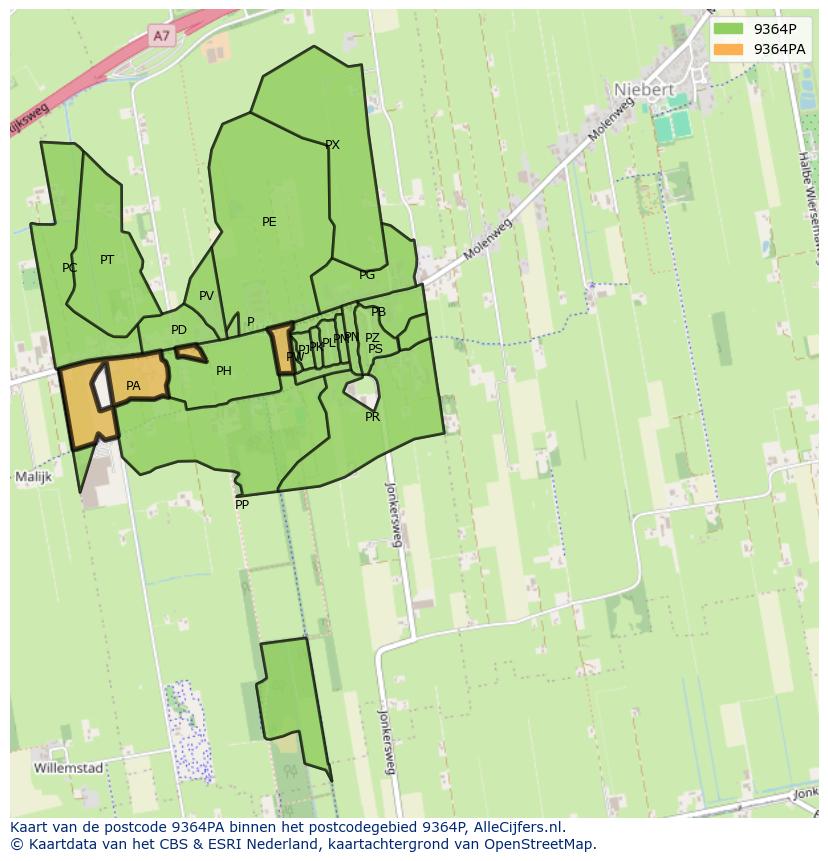 Afbeelding van het postcodegebied 9364 PA op de kaart.