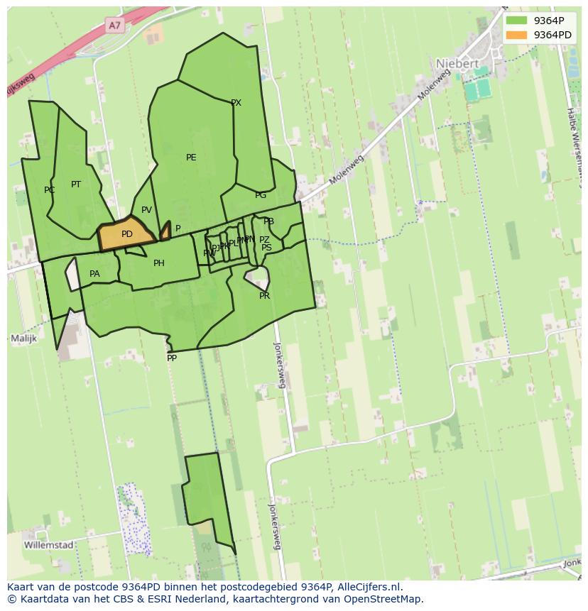 Afbeelding van het postcodegebied 9364 PD op de kaart.
