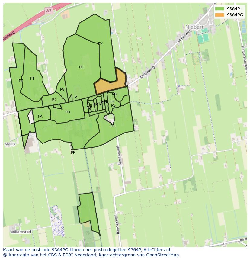 Afbeelding van het postcodegebied 9364 PG op de kaart.