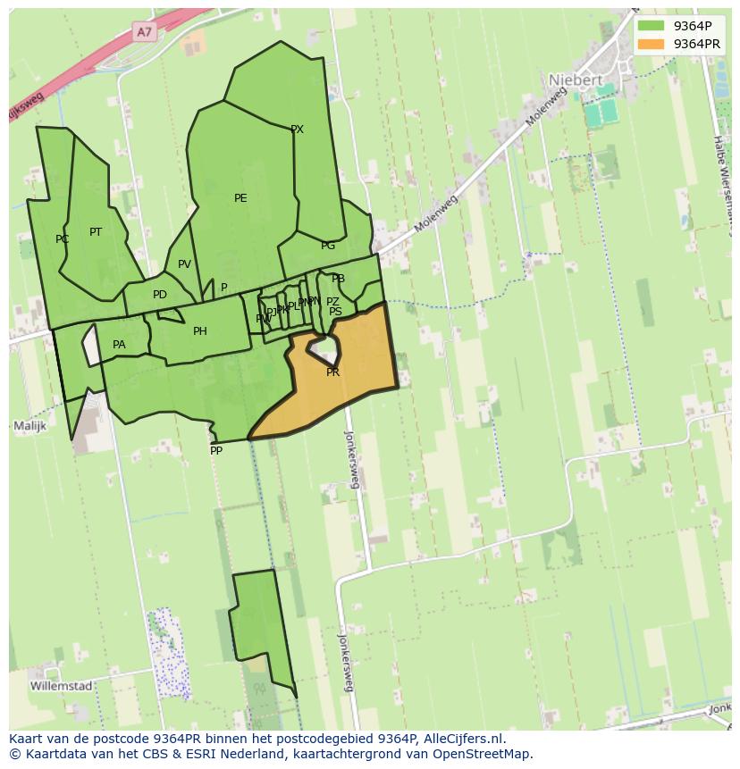Afbeelding van het postcodegebied 9364 PR op de kaart.