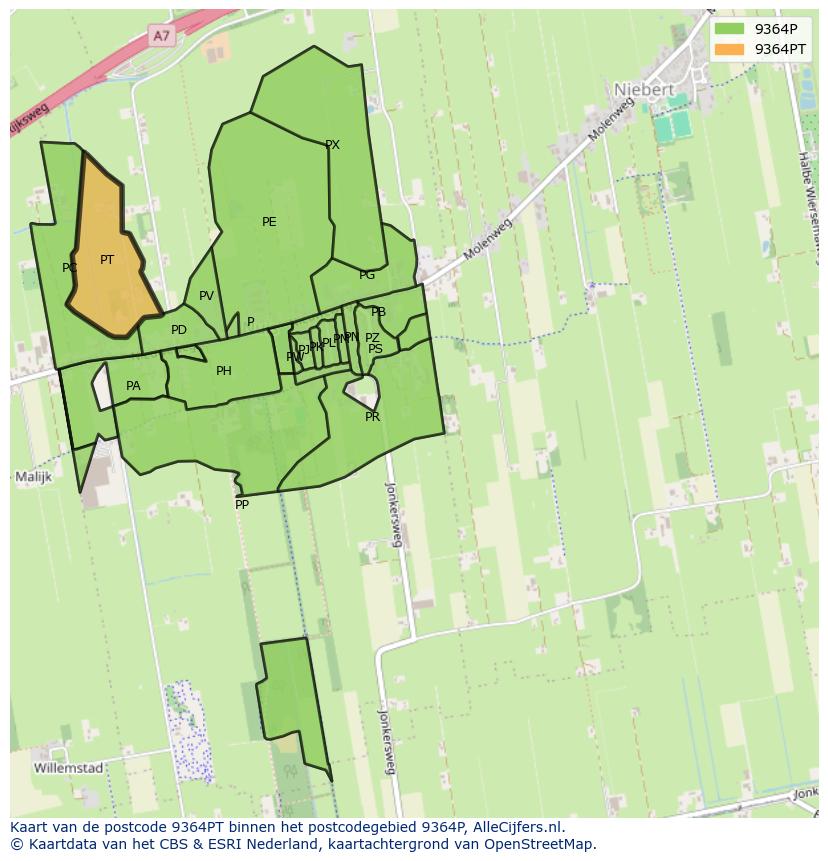 Afbeelding van het postcodegebied 9364 PT op de kaart.
