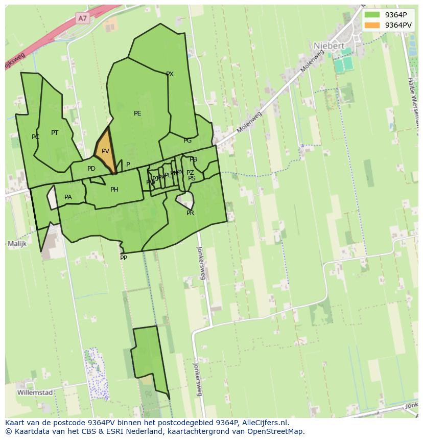 Afbeelding van het postcodegebied 9364 PV op de kaart.