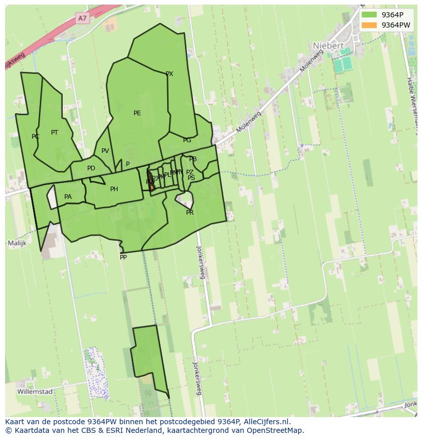 Afbeelding van het postcodegebied 9364 PW op de kaart.