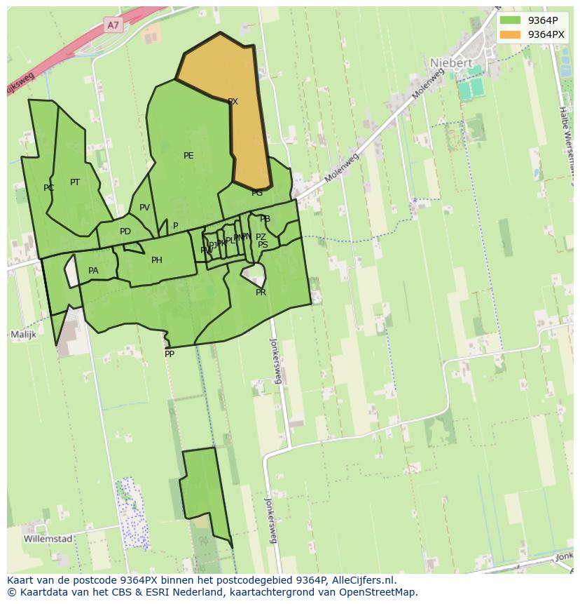 Afbeelding van het postcodegebied 9364 PX op de kaart.
