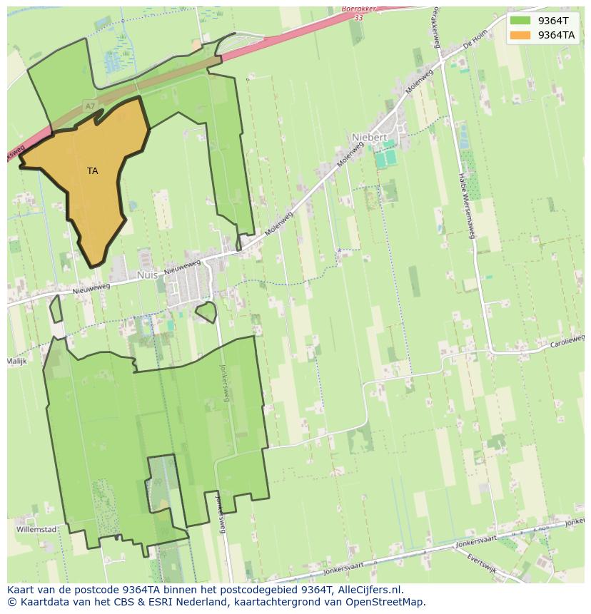 Afbeelding van het postcodegebied 9364 TA op de kaart.