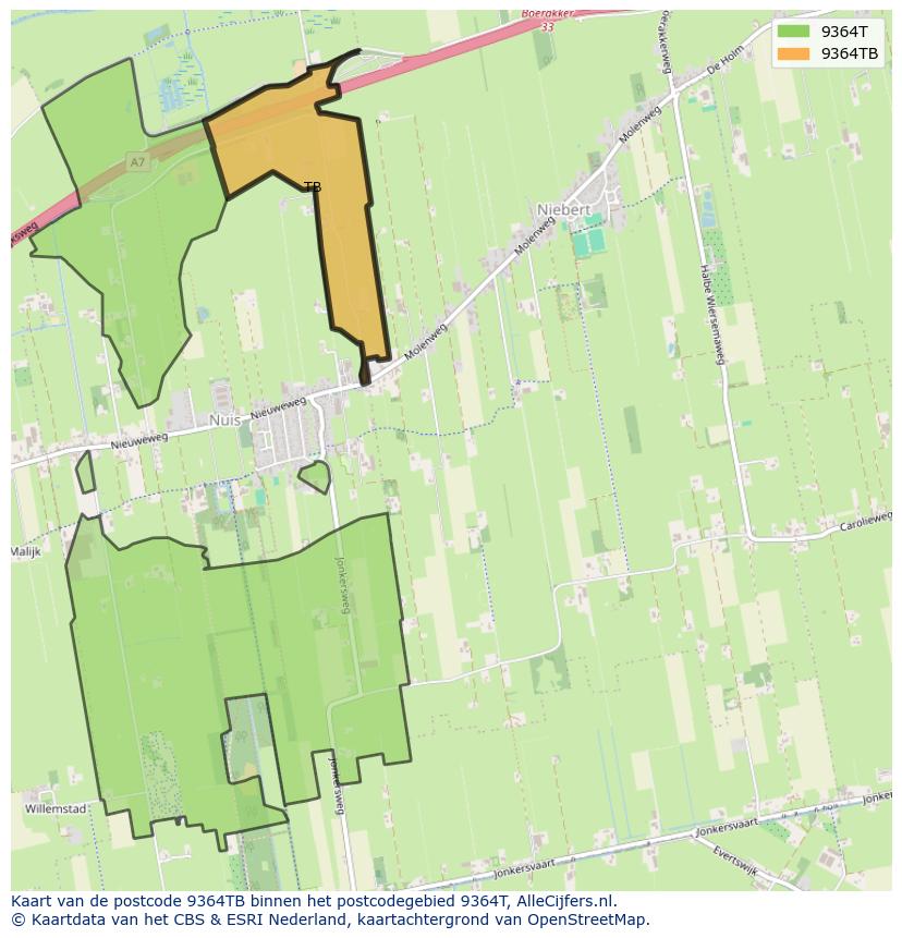 Afbeelding van het postcodegebied 9364 TB op de kaart.