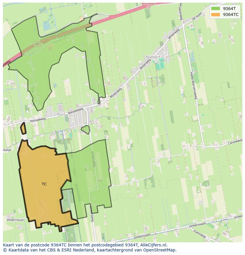 Afbeelding van het postcodegebied 9364 TC op de kaart.