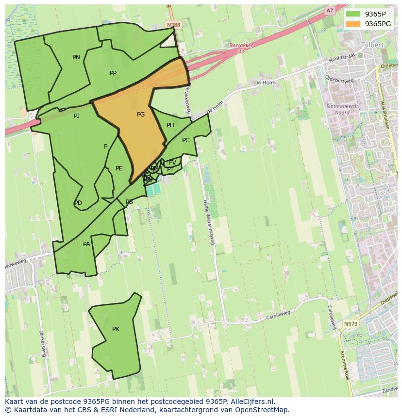 Afbeelding van het postcodegebied 9365 PG op de kaart.