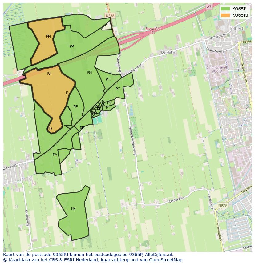 Afbeelding van het postcodegebied 9365 PJ op de kaart.