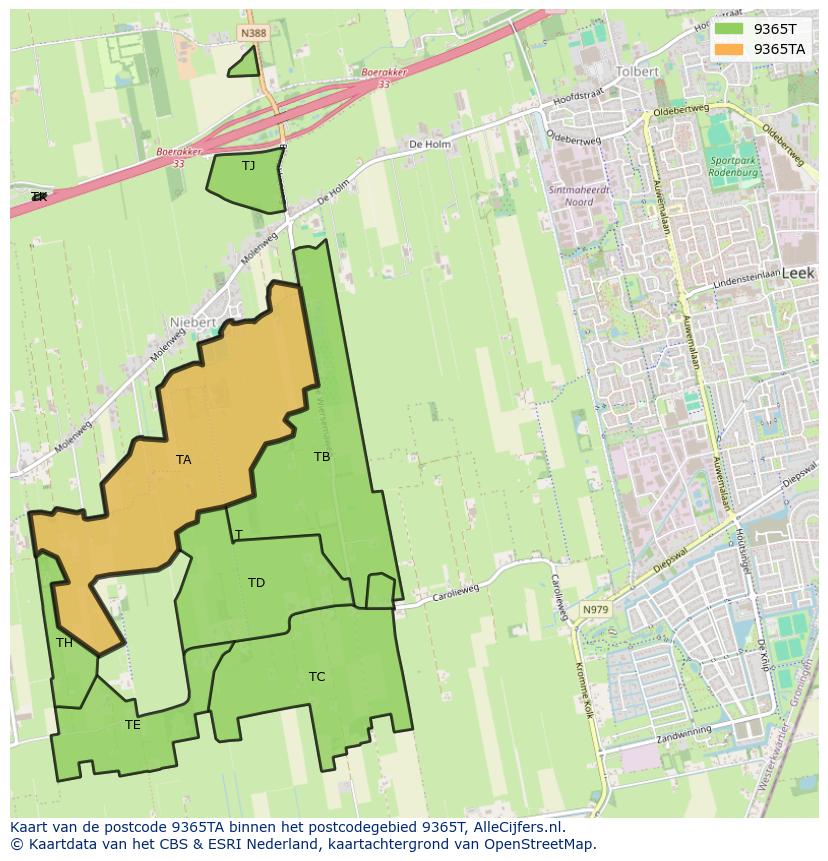 Afbeelding van het postcodegebied 9365 TA op de kaart.