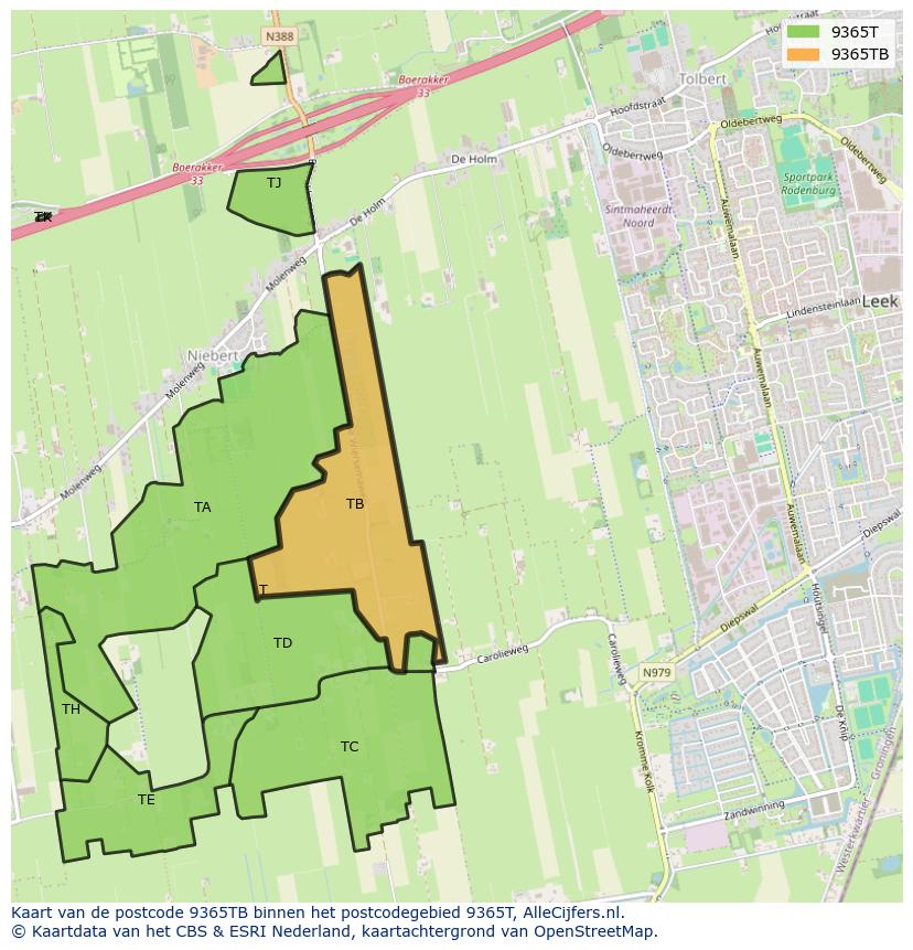 Afbeelding van het postcodegebied 9365 TB op de kaart.