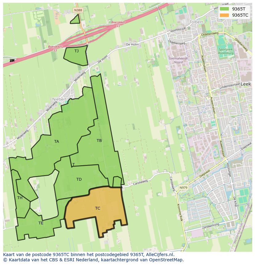 Afbeelding van het postcodegebied 9365 TC op de kaart.