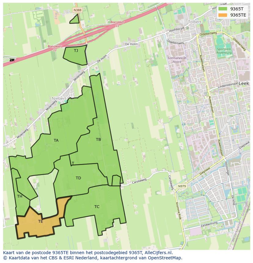 Afbeelding van het postcodegebied 9365 TE op de kaart.