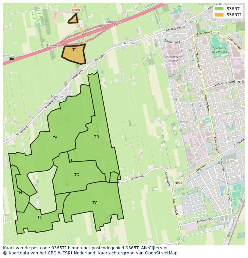 Afbeelding van het postcodegebied 9365 TJ op de kaart.