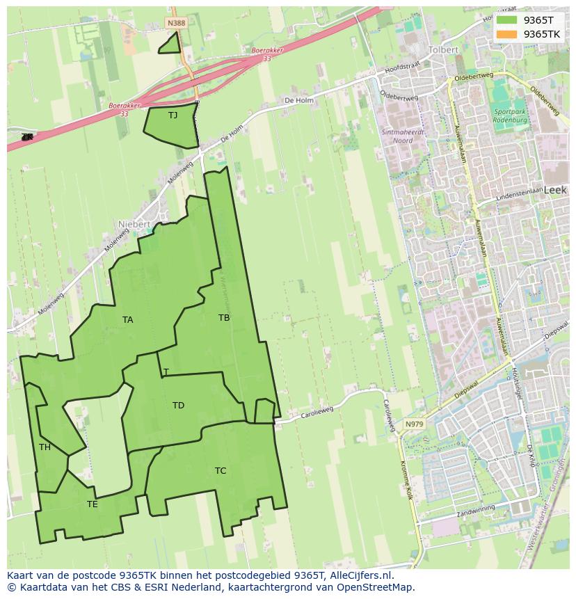Afbeelding van het postcodegebied 9365 TK op de kaart.