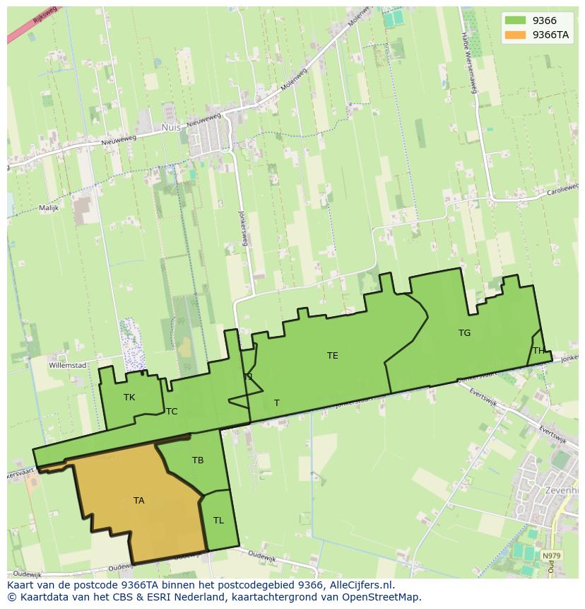 Afbeelding van het postcodegebied 9366 TA op de kaart.