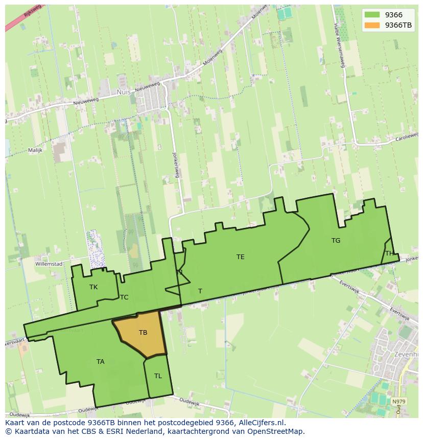 Afbeelding van het postcodegebied 9366 TB op de kaart.