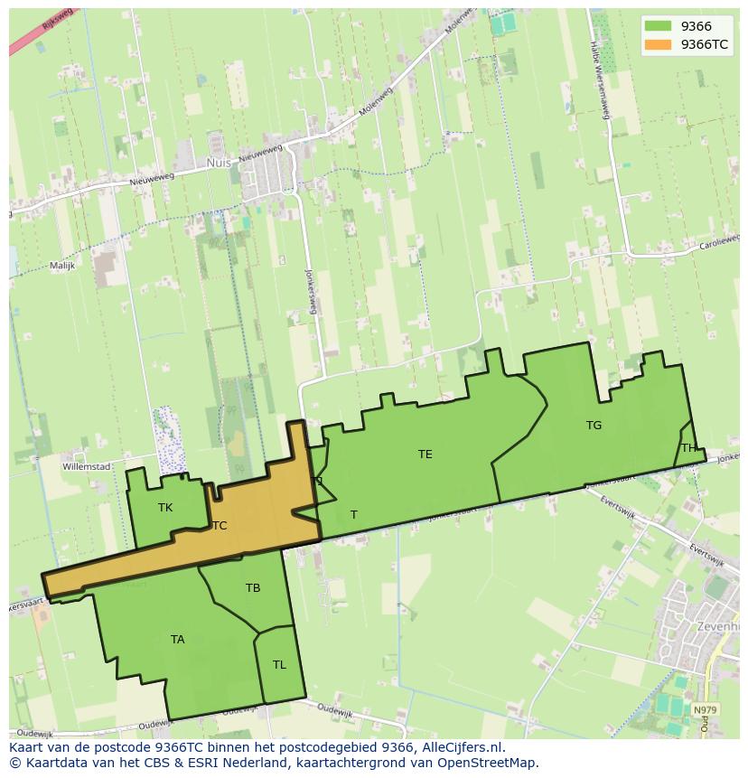 Afbeelding van het postcodegebied 9366 TC op de kaart.