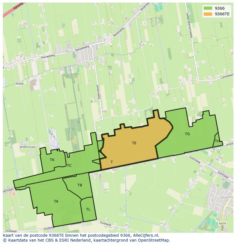 Afbeelding van het postcodegebied 9366 TE op de kaart.