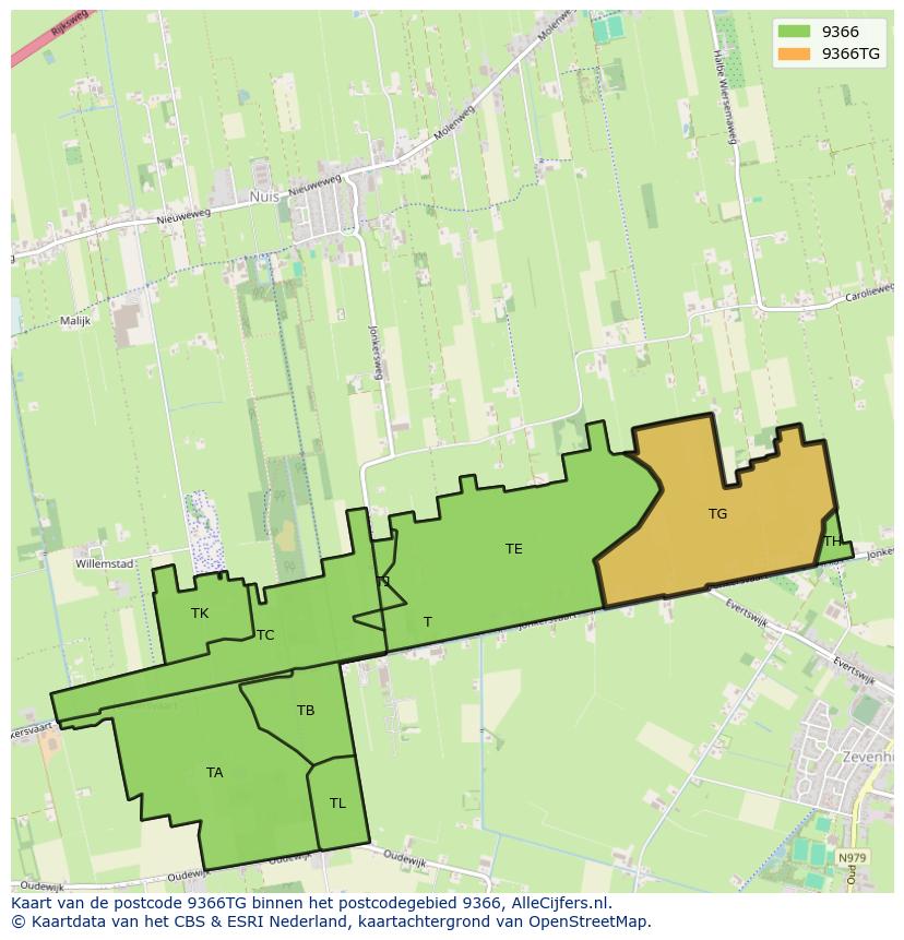 Afbeelding van het postcodegebied 9366 TG op de kaart.