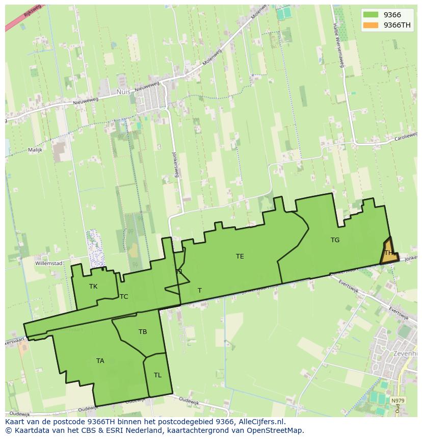 Afbeelding van het postcodegebied 9366 TH op de kaart.