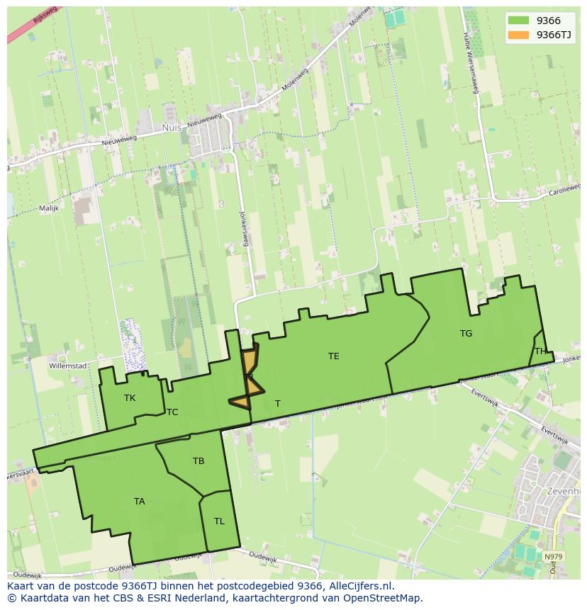 Afbeelding van het postcodegebied 9366 TJ op de kaart.