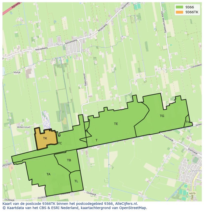 Afbeelding van het postcodegebied 9366 TK op de kaart.