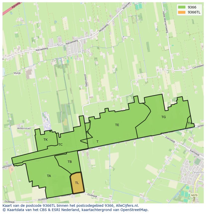 Afbeelding van het postcodegebied 9366 TL op de kaart.