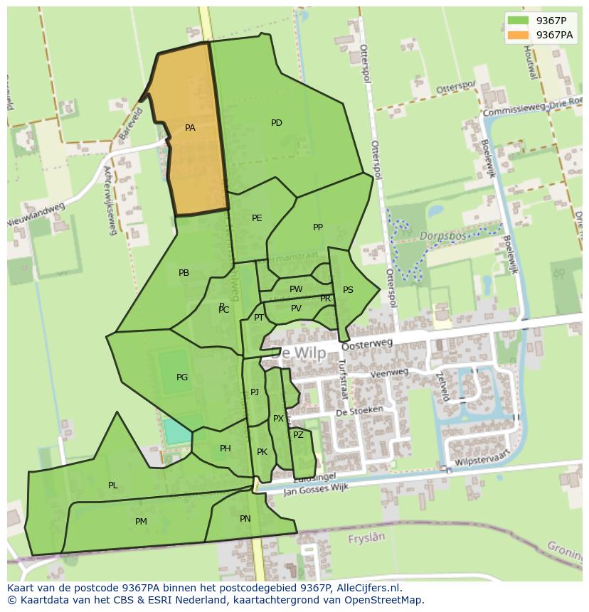 Afbeelding van het postcodegebied 9367 PA op de kaart.