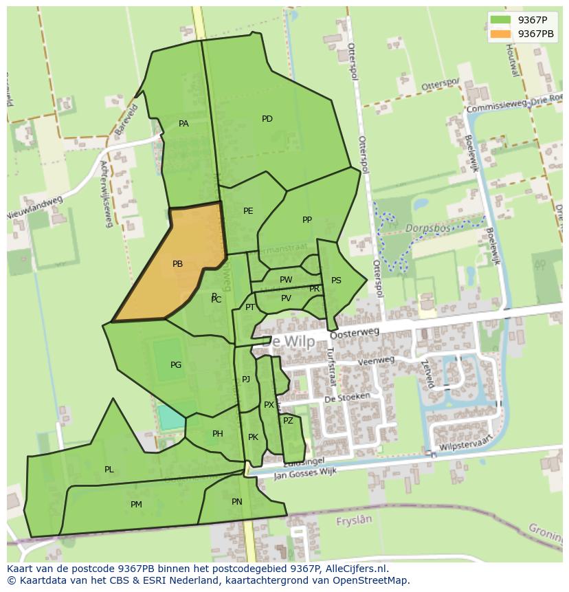 Afbeelding van het postcodegebied 9367 PB op de kaart.