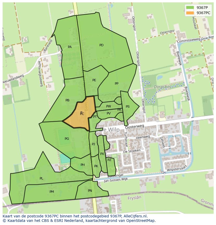 Afbeelding van het postcodegebied 9367 PC op de kaart.