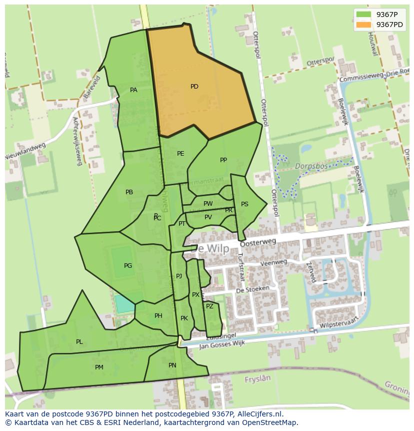 Afbeelding van het postcodegebied 9367 PD op de kaart.
