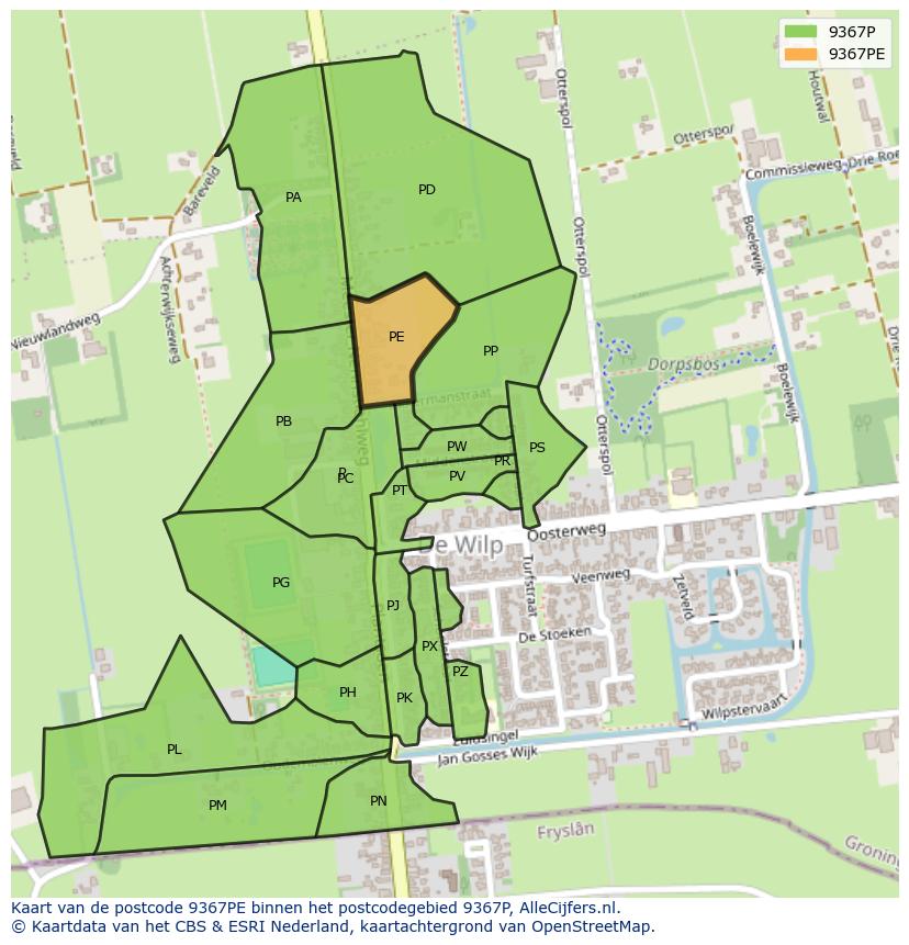 Afbeelding van het postcodegebied 9367 PE op de kaart.