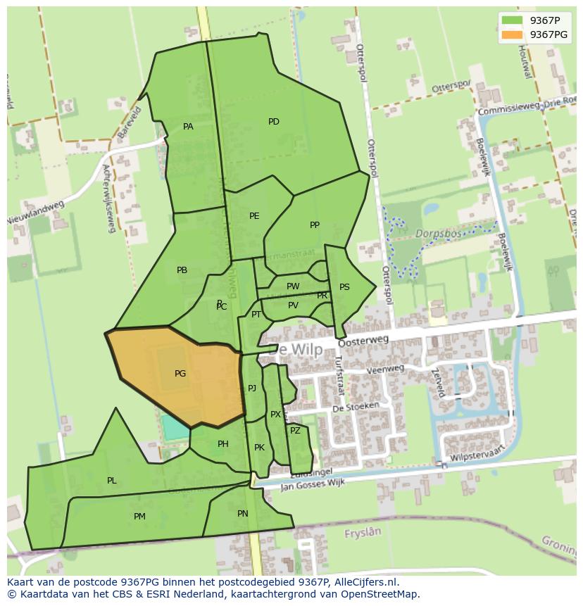 Afbeelding van het postcodegebied 9367 PG op de kaart.