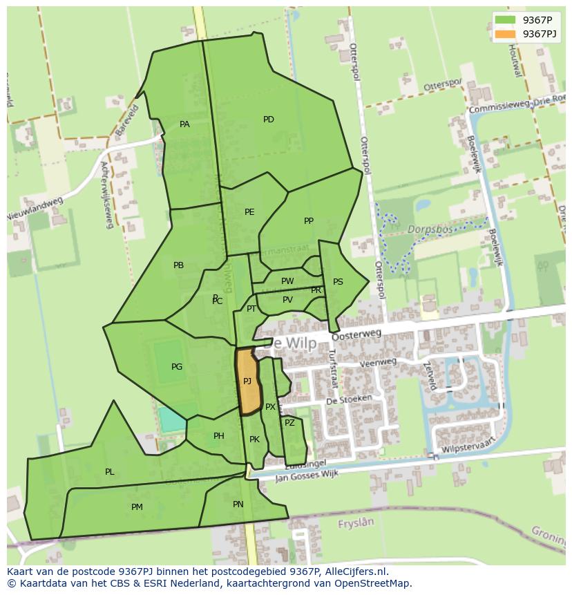 Afbeelding van het postcodegebied 9367 PJ op de kaart.