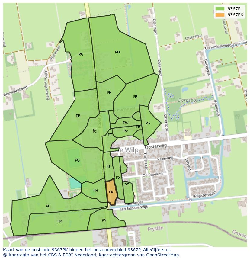 Afbeelding van het postcodegebied 9367 PK op de kaart.