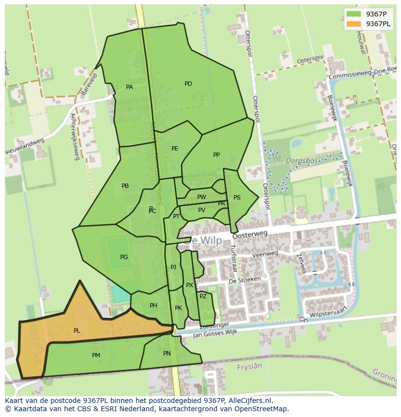 Afbeelding van het postcodegebied 9367 PL op de kaart.