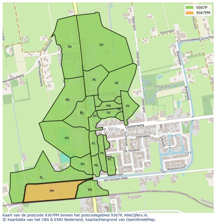 Afbeelding van het postcodegebied 9367 PM op de kaart.