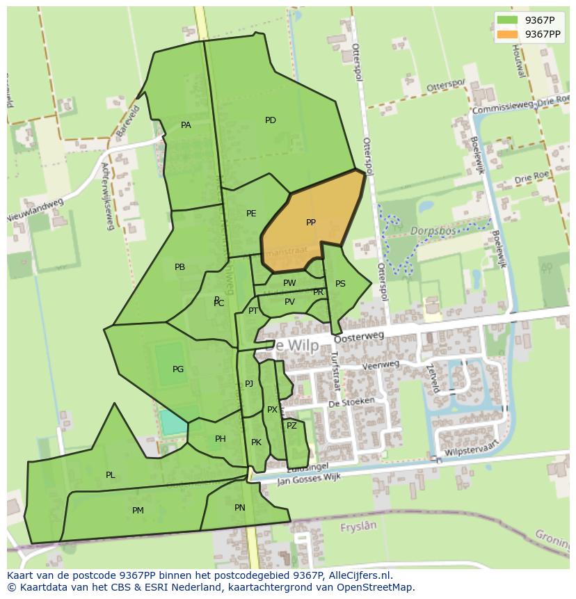 Afbeelding van het postcodegebied 9367 PP op de kaart.