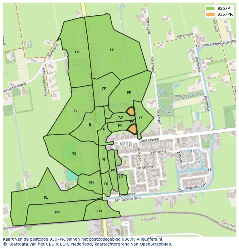 Afbeelding van het postcodegebied 9367 PR op de kaart.