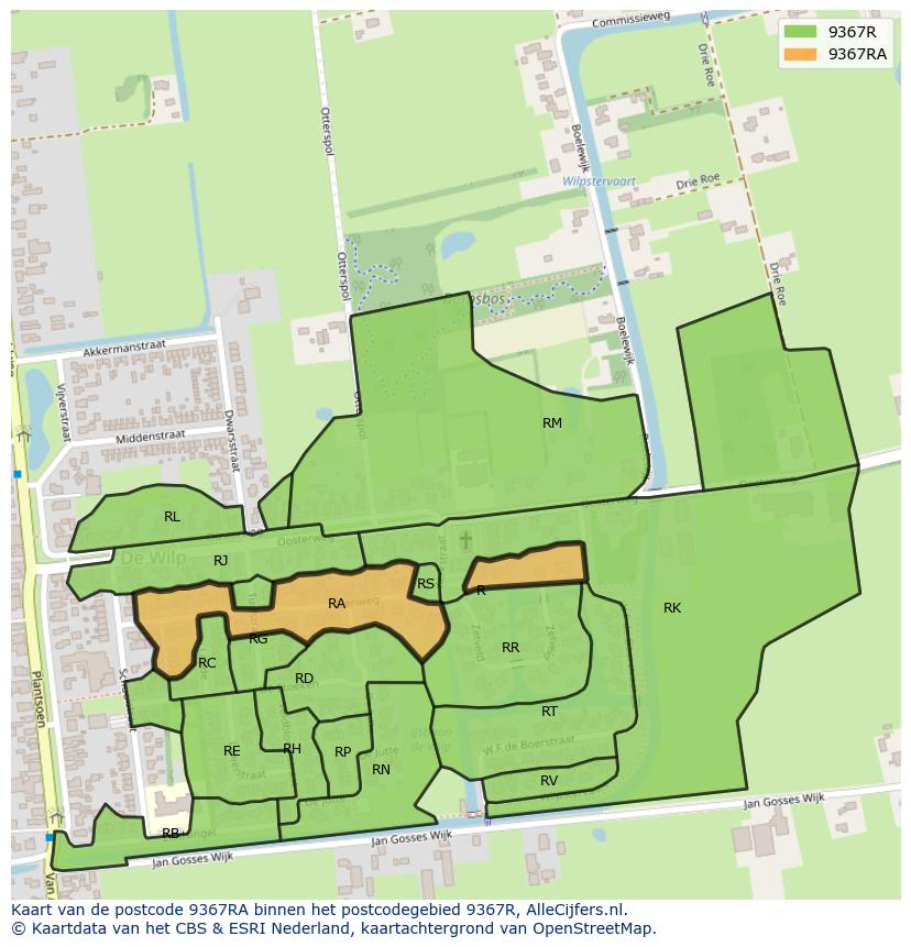 Afbeelding van het postcodegebied 9367 RA op de kaart.
