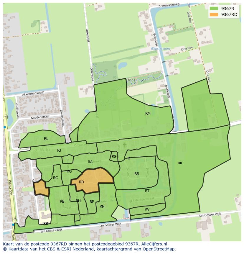 Afbeelding van het postcodegebied 9367 RD op de kaart.