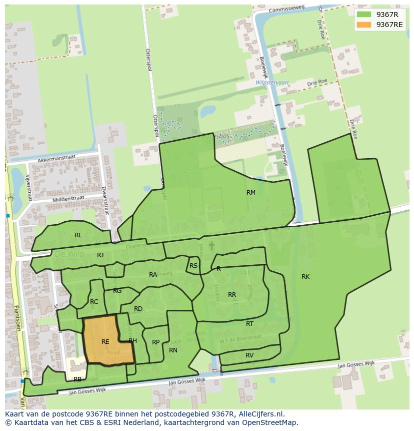 Afbeelding van het postcodegebied 9367 RE op de kaart.