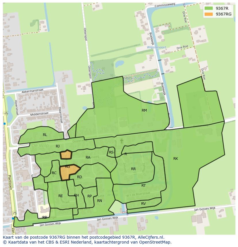 Afbeelding van het postcodegebied 9367 RG op de kaart.