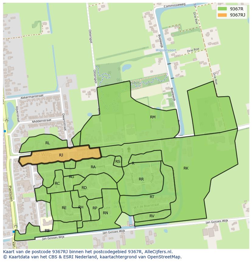 Afbeelding van het postcodegebied 9367 RJ op de kaart.
