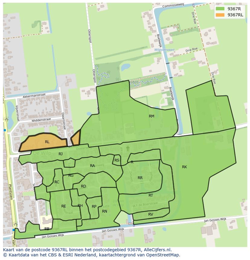 Afbeelding van het postcodegebied 9367 RL op de kaart.