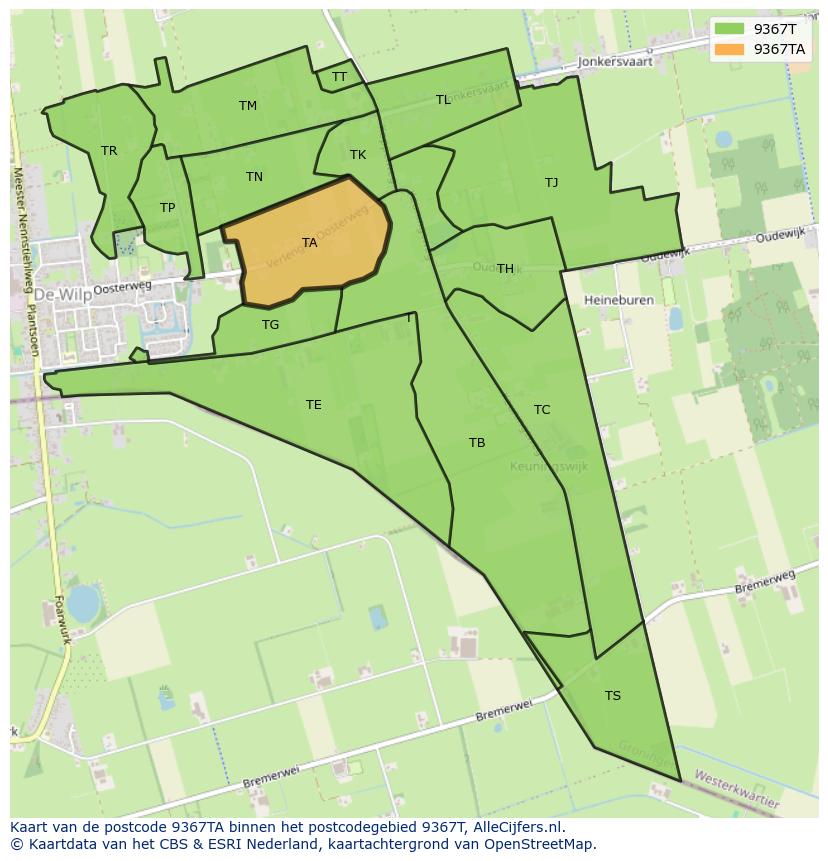 Afbeelding van het postcodegebied 9367 TA op de kaart.