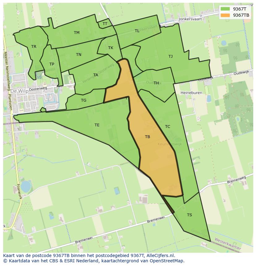 Afbeelding van het postcodegebied 9367 TB op de kaart.